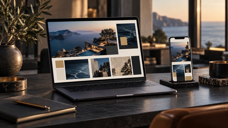 Laptop and smartphone displaying photo gallery on desk with coastal views, notebook, pen, and plant in modern office setting