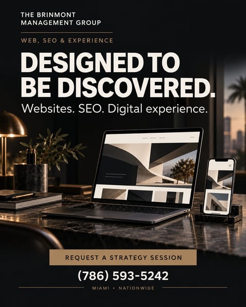 The Brinmont Management Group web design agency advertisement showing laptop and phone displaying their portfolio on a dark desk with plants and lamp