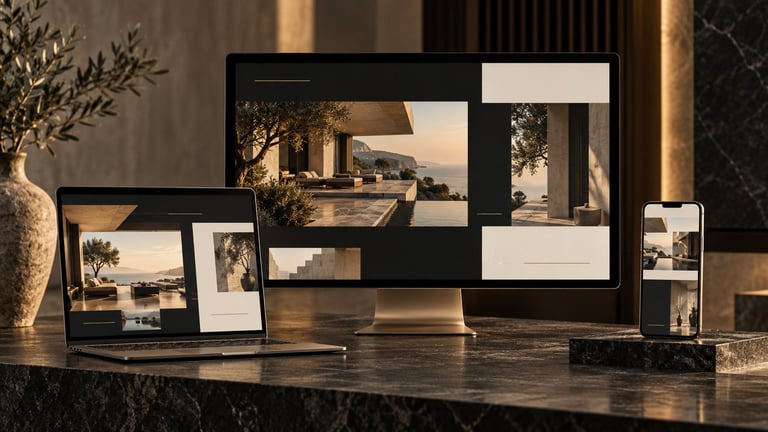 Black frames with landscape photos displayed on dark wooden desk with decorative vase and warm lighting