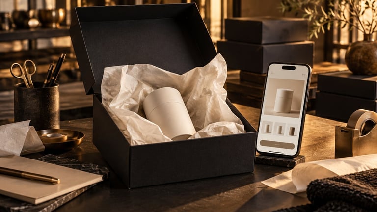 Unboxing luxury product in black box with tissue paper on modern desk with smartphone and office supplies