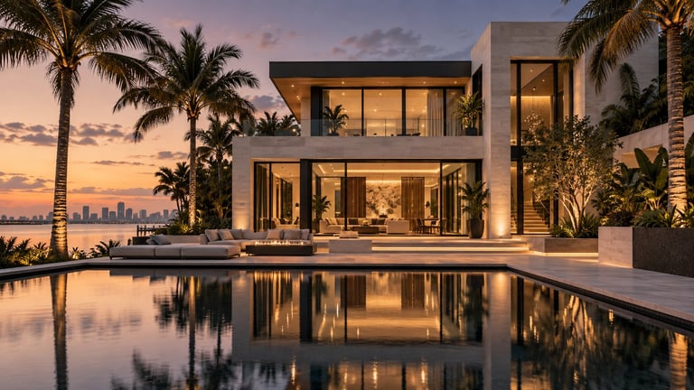 Modern luxury waterfront villa at sunset with infinity pool, palm trees, and city skyline reflecting in water