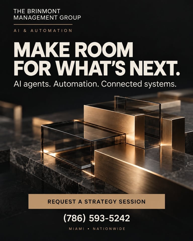 The Brinmont Management Group AI and Automation marketing ad with illuminated geometric structures and call-to-action button