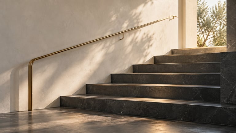 Modern staircase with black marble steps, metal handrail, and sunlit minimalist interior with white walls