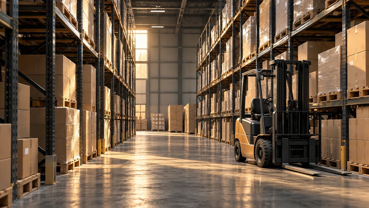 Warehouse interior with tall shelving units stocked with cardboard boxes and a forklift parked in the aisle