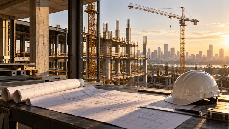 Construction site blueprints and hard hat on building ledge with city skyline and cranes at sunset