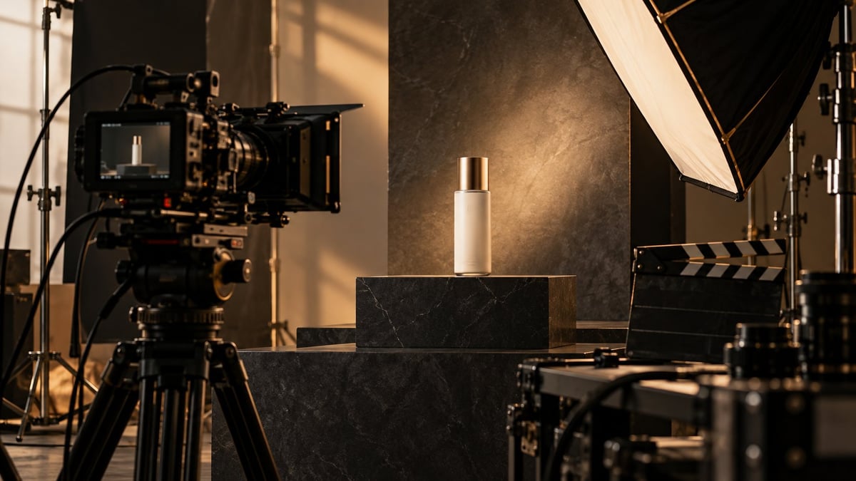 Professional film production studio with movie camera, lighting equipment, black platform with white bottle, and clapperboard on wooden floor.
