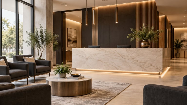 Modern hotel lobby with marble reception desk, black leather seating, pendant lights, and contemporary decor