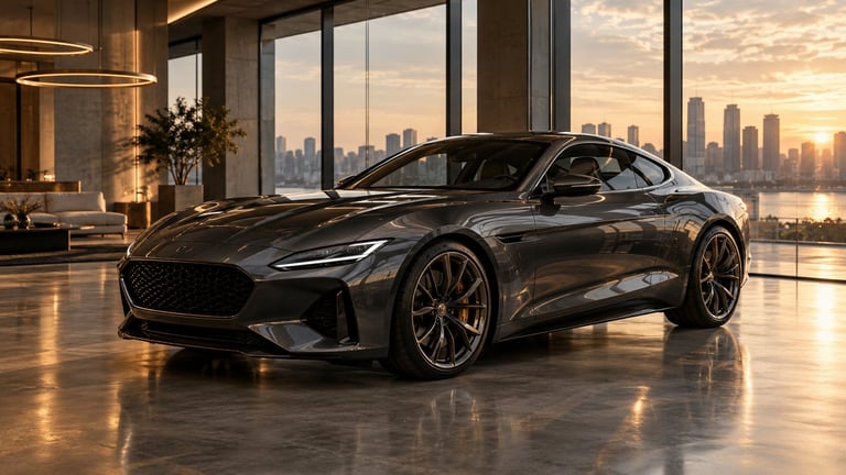 Black luxury sports car in modern penthouse with floor-to-ceiling windows overlooking city skyline at sunset