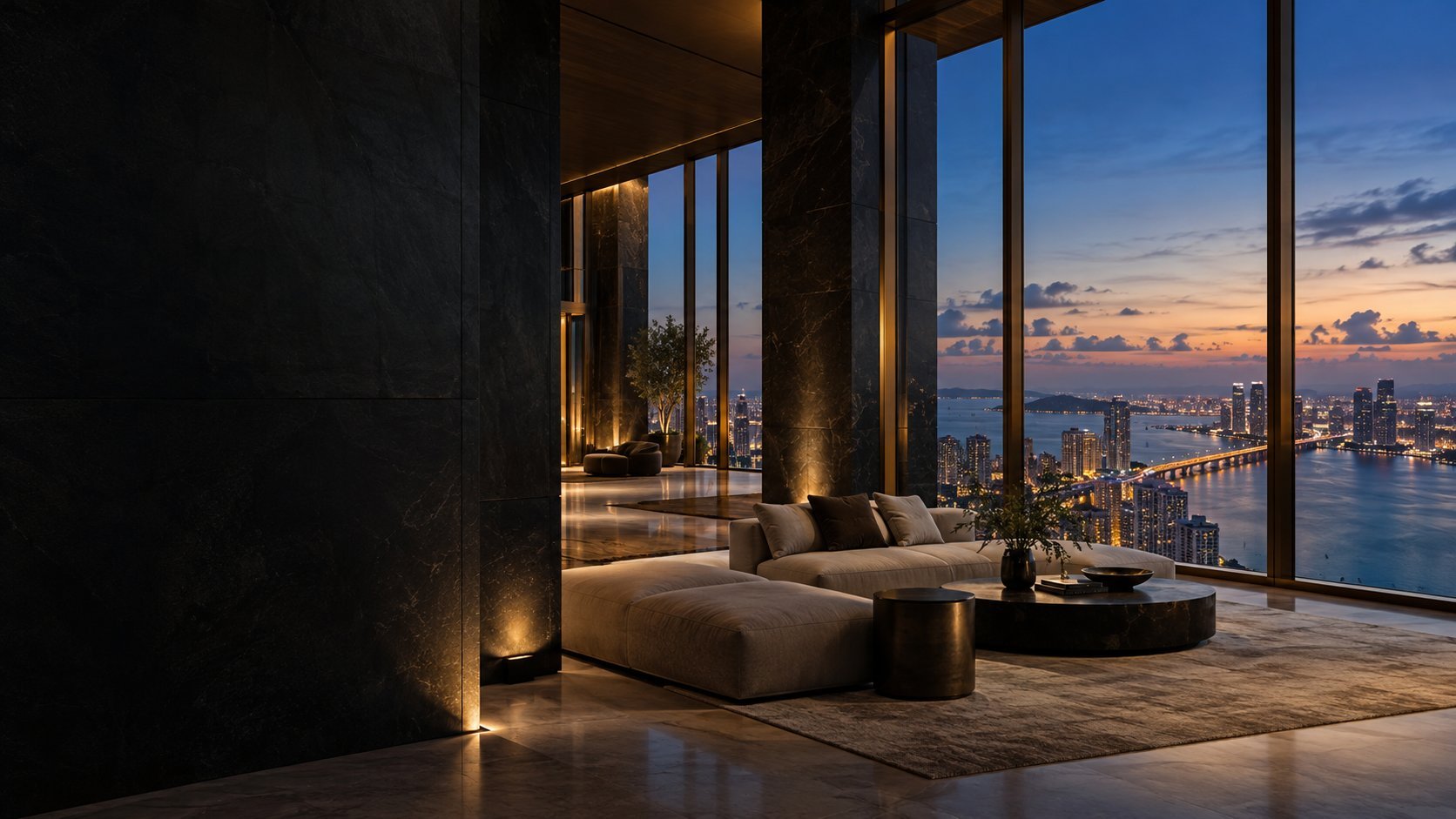 Modern luxury penthouse living room with floor-to-ceiling windows overlooking a city skyline at sunset