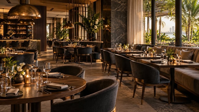 Upscale restaurant interior with round and rectangular dining tables, black leather chairs, warm lighting, and tropical plants by floor-to-ceiling windows