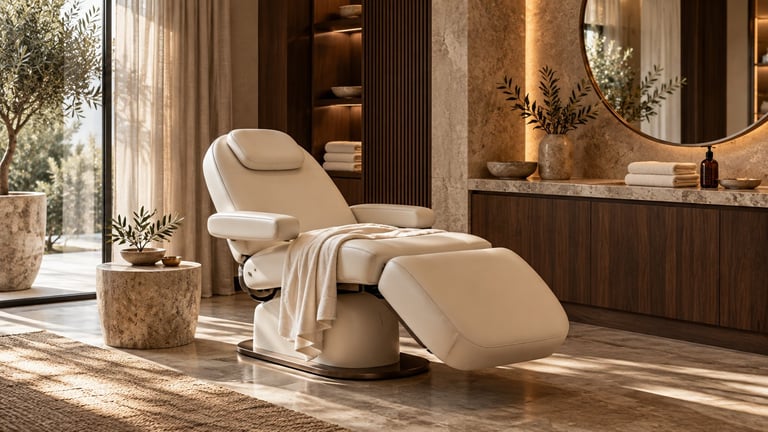 Modern beige reclining massage chair in a luxury spa bathroom with wooden accents and natural lighting