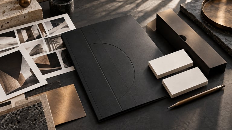 Black portfolio and business cards on desk with scattered design samples and material swatches