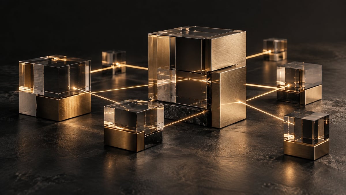 Abstract 3D geometric blocks with gold and black materials connected by illuminated beams on dark surface