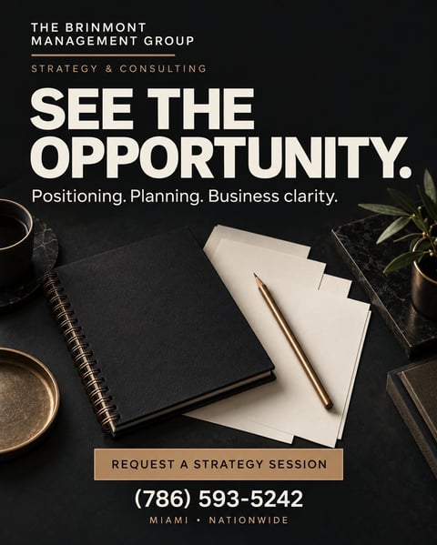 The Brinmont Management Group strategy and consulting advertisement with desk workspace, notebook, and pen, tagline See the Opportunity