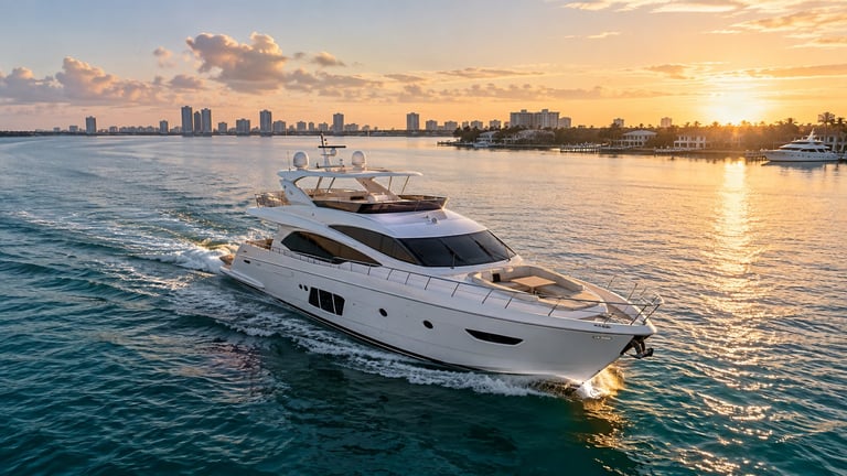 Luxury white yacht anchored in turquoise water at sunset with Miami city skyline in background