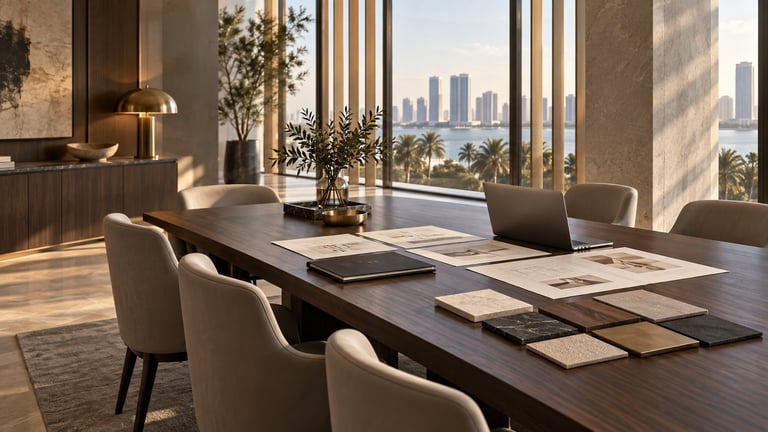 Modern high-rise office conference room with floor-to-ceiling windows overlooking a city skyline, featuring a large wooden table and cream-colored chairs