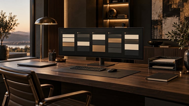 Modern home office with dark wood desk, multi-monitor setup, designer chair, and ambient lighting overlooking a scenic sunset view