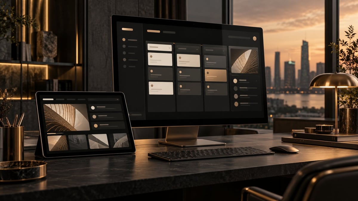 Modern workspace at sunset with desktop monitor, tablet, and keyboard on desk overlooking city skyline