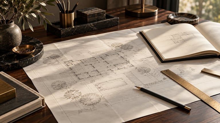 Architectural blueprints and sketches spread on a wooden desk with pencils, notebook, and decorative desk accessories in natural light