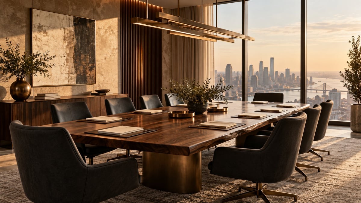 Modern executive conference room with wooden table, black chairs, floor-to-ceiling windows overlooking city skyline at sunset