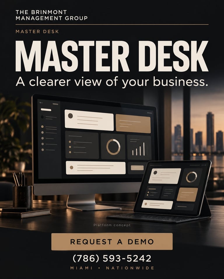Master Desk business analytics platform displayed on desktop and tablet screens with city skyline background