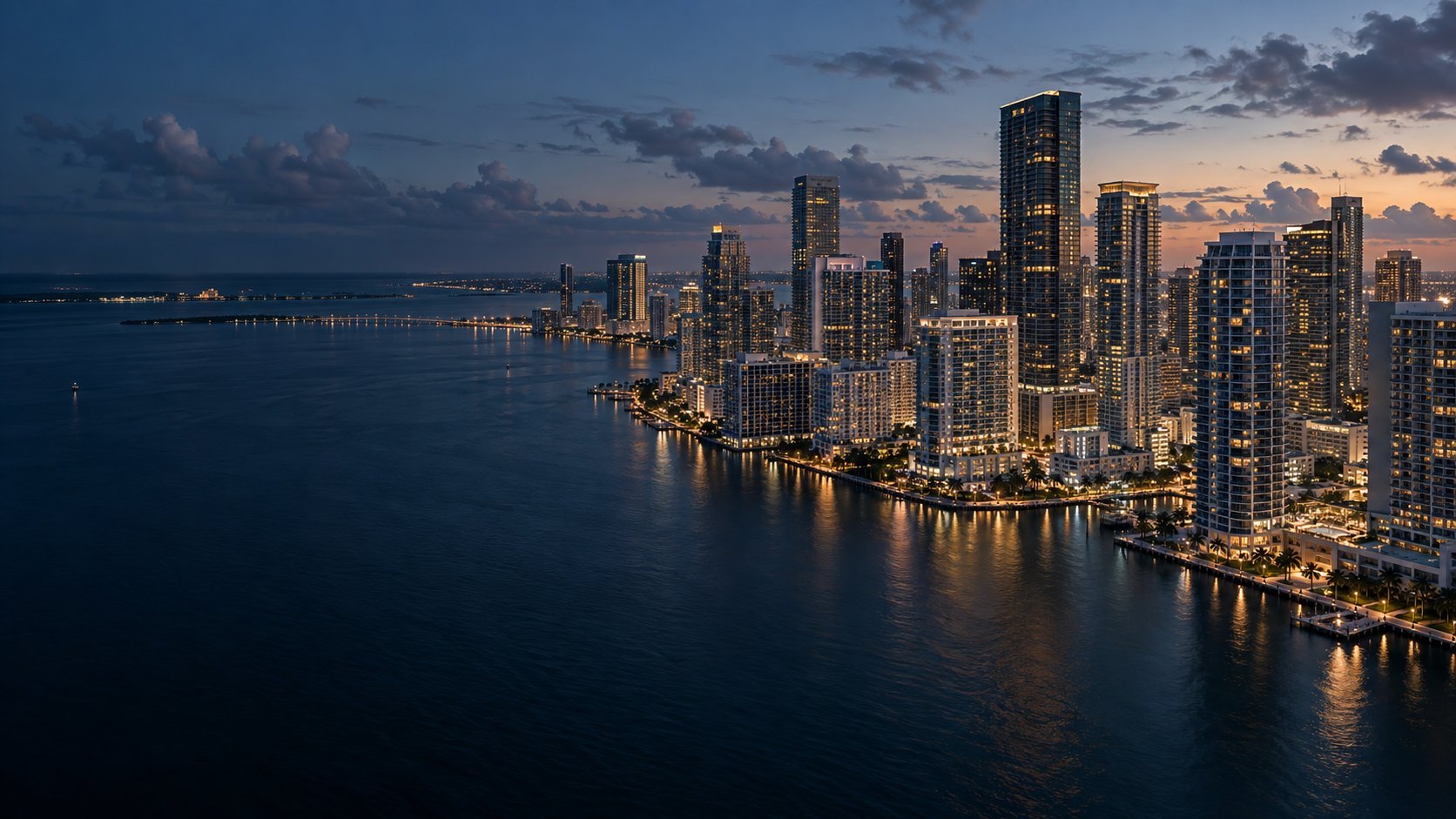 Twilight cityscape showing illuminated skyscrapers along a waterfront at dusk with purple sky and water reflections