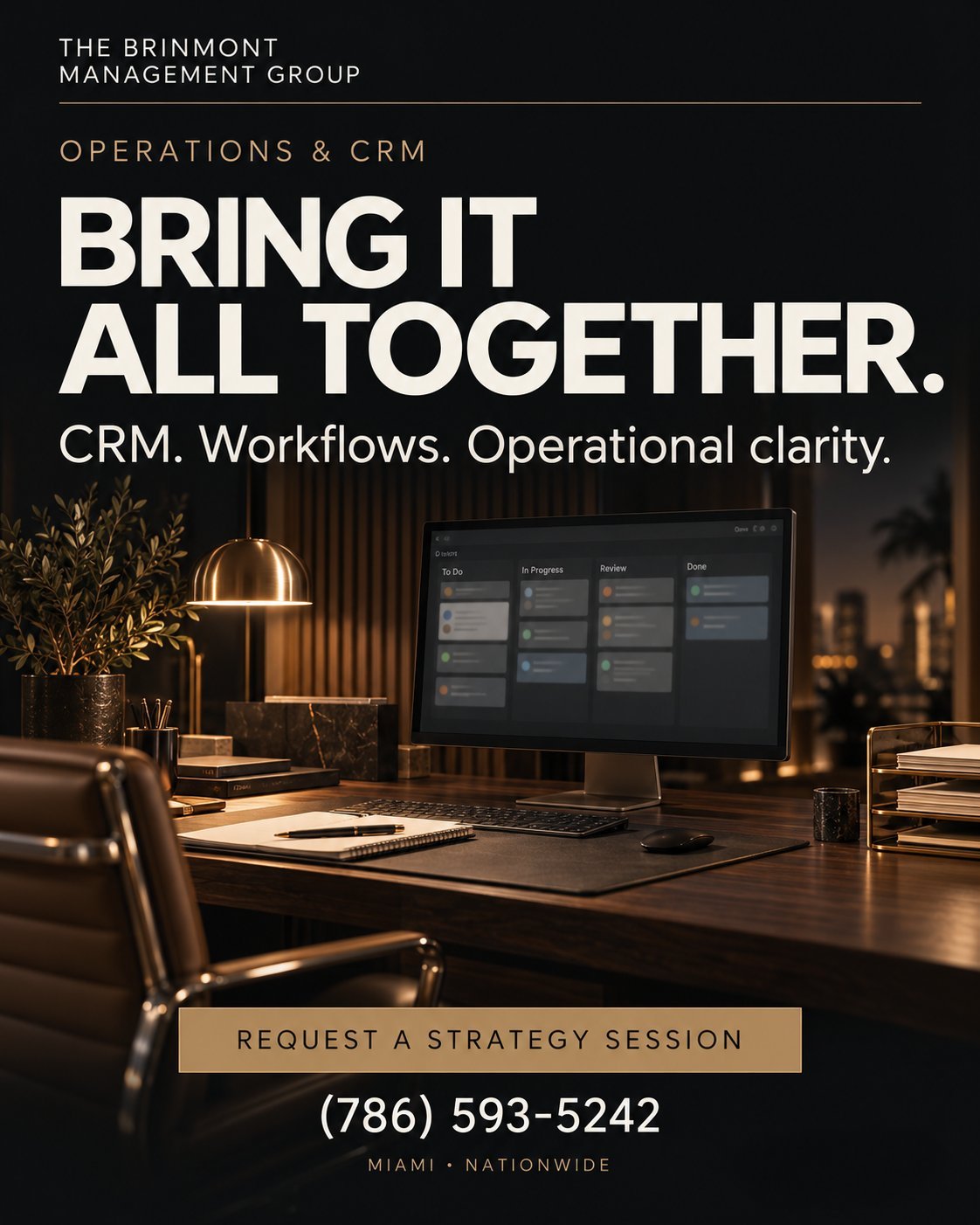 The Brinmont Management Group marketing advertisement promoting operations and CRM services with modern office workspace and computer monitor display
