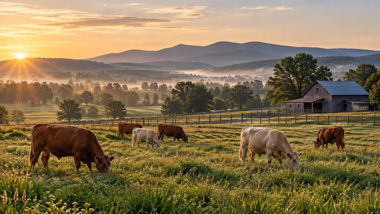 Cattle grazing in a misty pasture at sunrise with mountains and a barn in the background.
